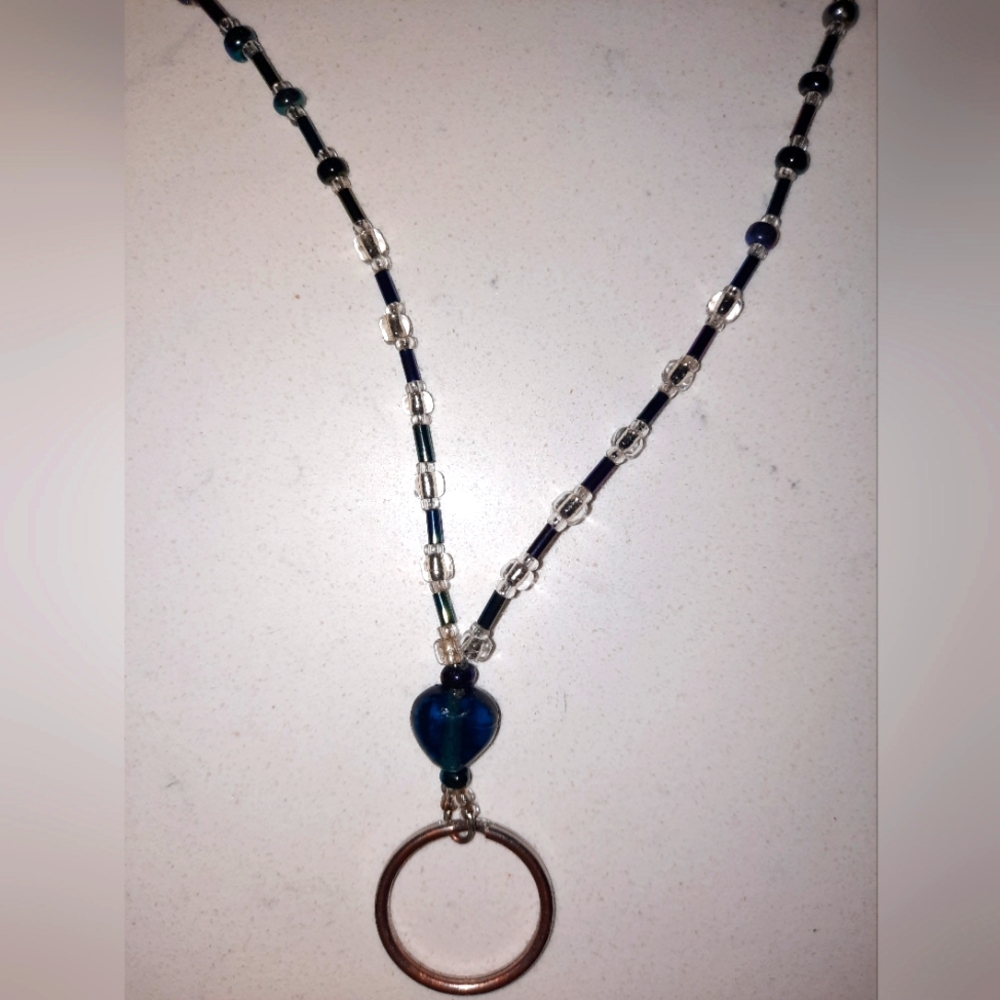 $ Handcrafted Beaded Lanyard  Glass Beads Colors of Grays & Blues